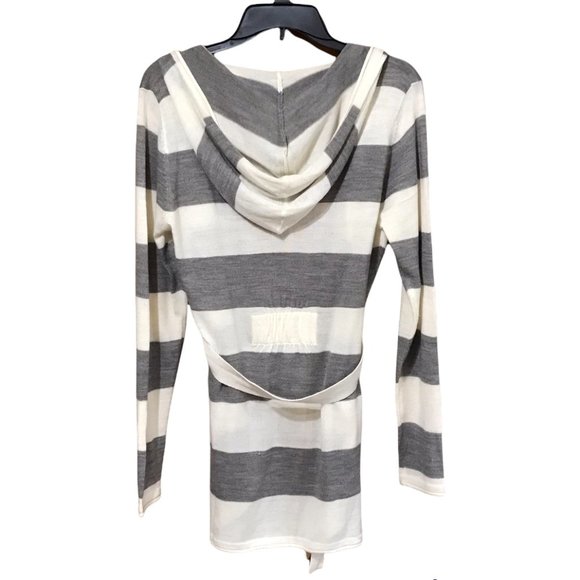 Level Eight Women Hooded Cardigan, Belted, Open Front, Creamy White and Silver - Picture 2 of 2